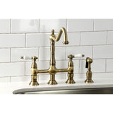 Heritage KS1273PLBS Two-Handle 4-Hole Deck Mount Bridge Kitchen Faucet with Brass Sprayer, Antique Brass