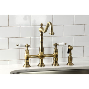 Heritage KS1273PLBS Two-Handle 4-Hole Deck Mount Bridge Kitchen Faucet with Brass Sprayer, Antique Brass