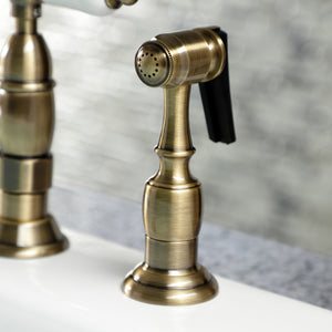 Heritage KS1273PLBS Two-Handle 4-Hole Deck Mount Bridge Kitchen Faucet with Brass Sprayer, Antique Brass