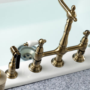 Heritage KS1273PLBS Two-Handle 4-Hole Deck Mount Bridge Kitchen Faucet with Brass Sprayer, Antique Brass