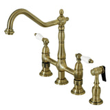 Heritage KS1273PLBS Two-Handle 4-Hole Deck Mount Bridge Kitchen Faucet with Brass Sprayer, Antique Brass