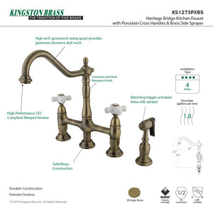 Heritage KS1273PXBS Two-Handle 4-Hole Deck Mount Bridge Kitchen Faucet with Brass Sprayer, Antique Brass