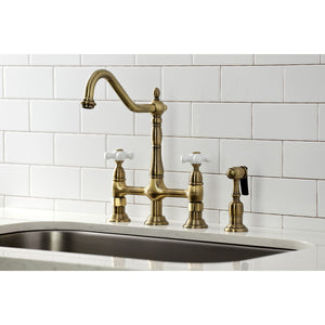 Heritage KS1273PXBS Two-Handle 4-Hole Deck Mount Bridge Kitchen Faucet with Brass Sprayer, Antique Brass