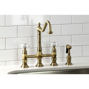 Heritage KS1273PXBS Two-Handle 4-Hole Deck Mount Bridge Kitchen Faucet with Brass Sprayer, Antique Brass