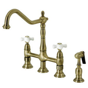 Heritage KS1273PXBS Two-Handle 4-Hole Deck Mount Bridge Kitchen Faucet with Brass Sprayer, Antique Brass