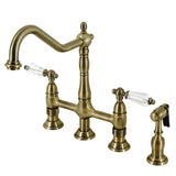 Wilshire KS1273WLLBS Two-Handle 4-Hole Deck Mount Bridge Kitchen Faucet with Brass Sprayer, Antique Brass