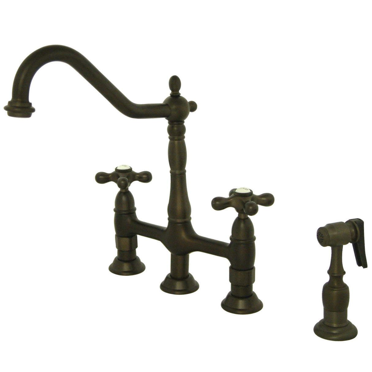 Heritage KS1275AXBS Two-Handle 4-Hole Deck Mount Bridge Kitchen Faucet with Brass Sprayer, Oil Rubbed Bronze