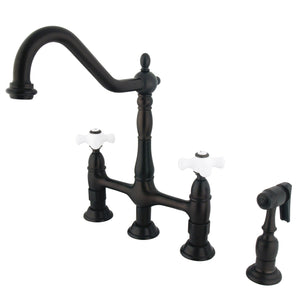 Heritage KS1275PXBS Two-Handle 4-Hole Deck Mount Bridge Kitchen Faucet with Brass Sprayer, Oil Rubbed Bronze