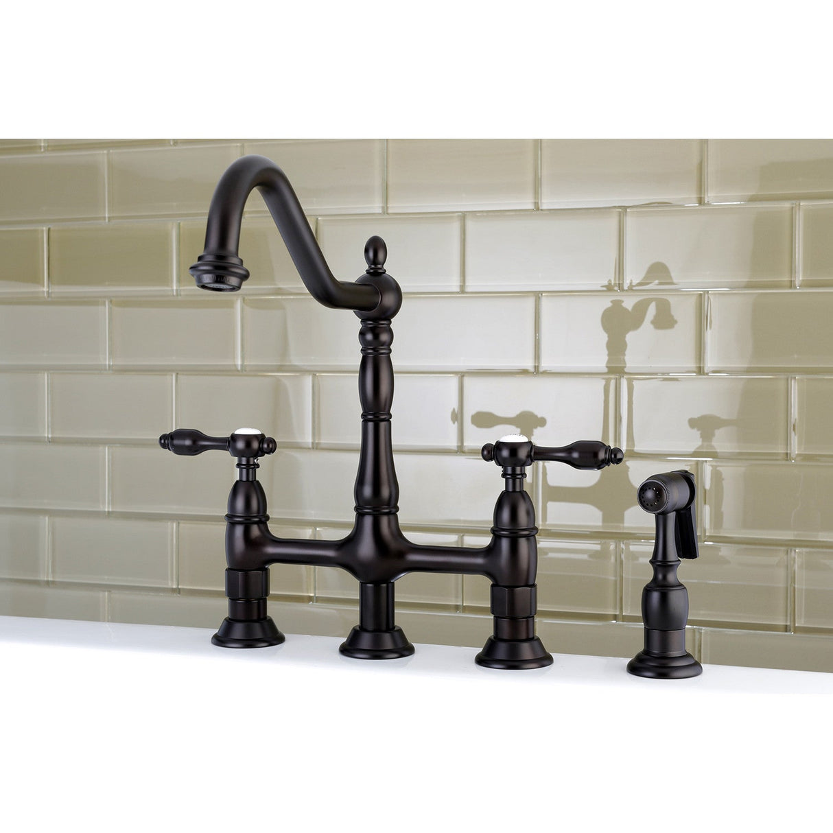 Tudor KS1275TALBS Two-Handle 4-Hole Deck Mount Bridge Kitchen Faucet with Brass Sprayer, Oil Rubbed Bronze