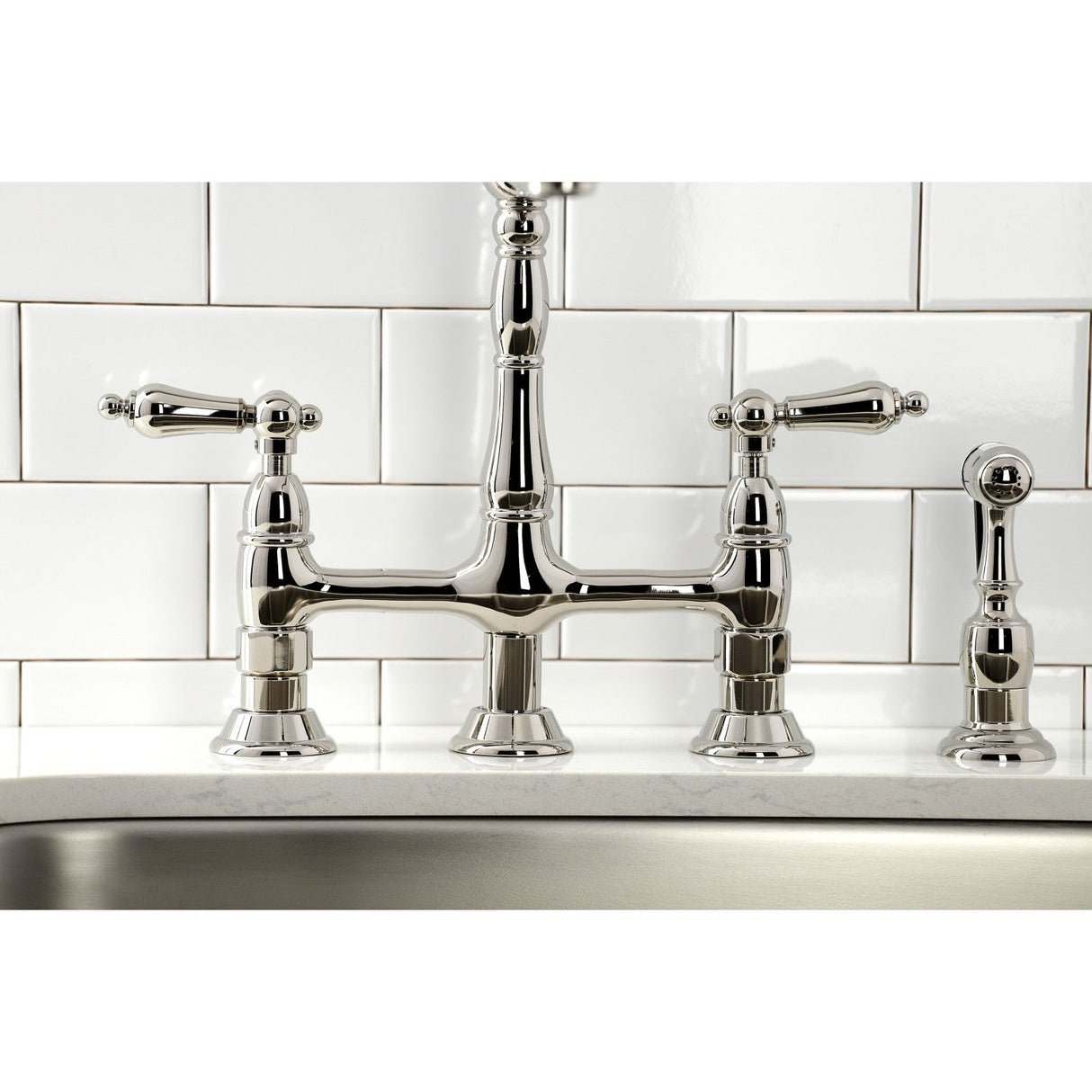 Heritage KS1276ALBS Two-Handle 4-Hole Deck Mount Bridge Kitchen Faucet with Brass Sprayer, Polished Nickel