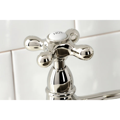 Heritage KS1276AXBS Two-Handle 4-Hole Deck Mount Bridge Kitchen Faucet with Brass Sprayer, Polished Nickel