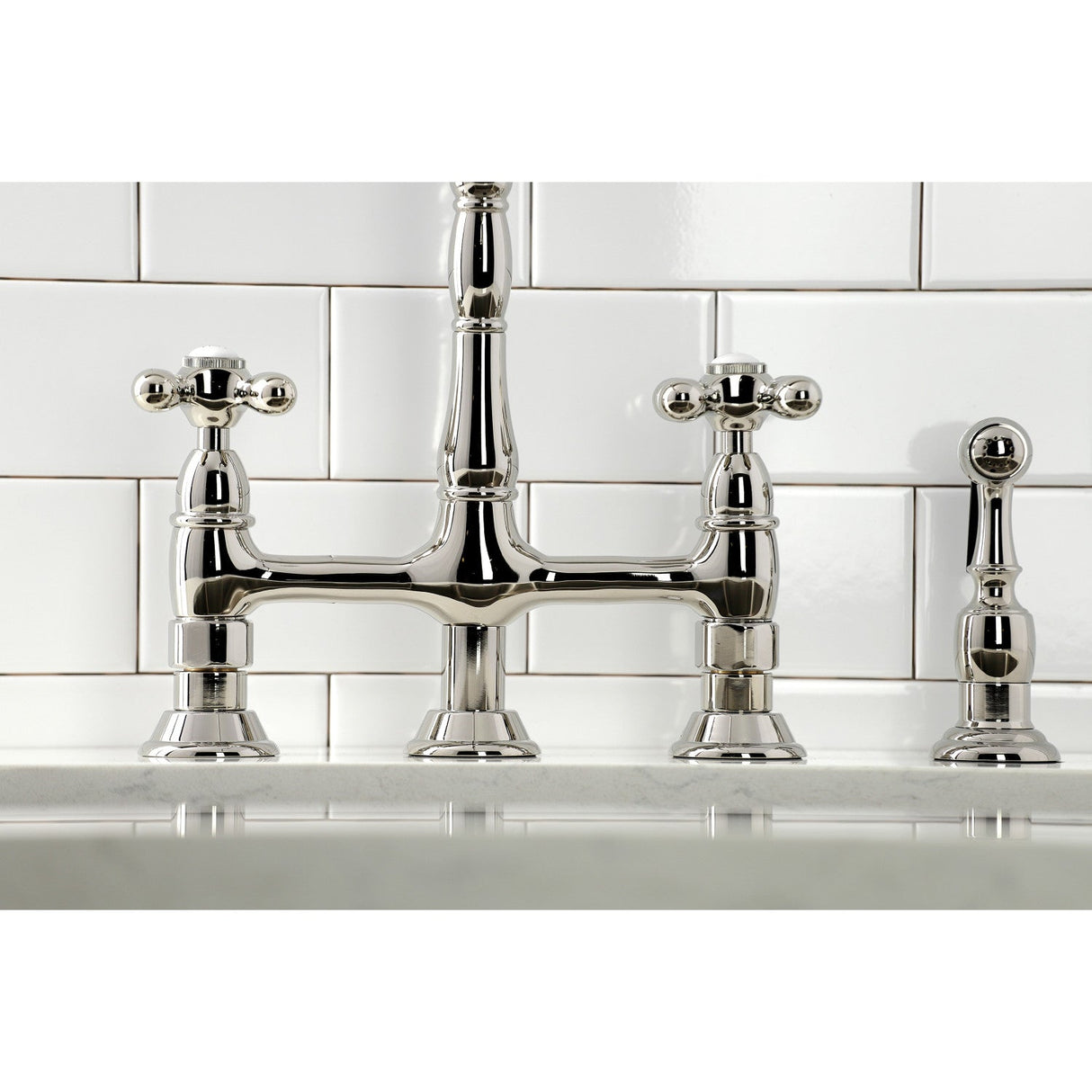 Heritage KS1276AXBS Two-Handle 4-Hole Deck Mount Bridge Kitchen Faucet with Brass Sprayer, Polished Nickel