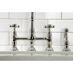 Heritage KS1276AXBS Two-Handle 4-Hole Deck Mount Bridge Kitchen Faucet with Brass Sprayer, Polished Nickel