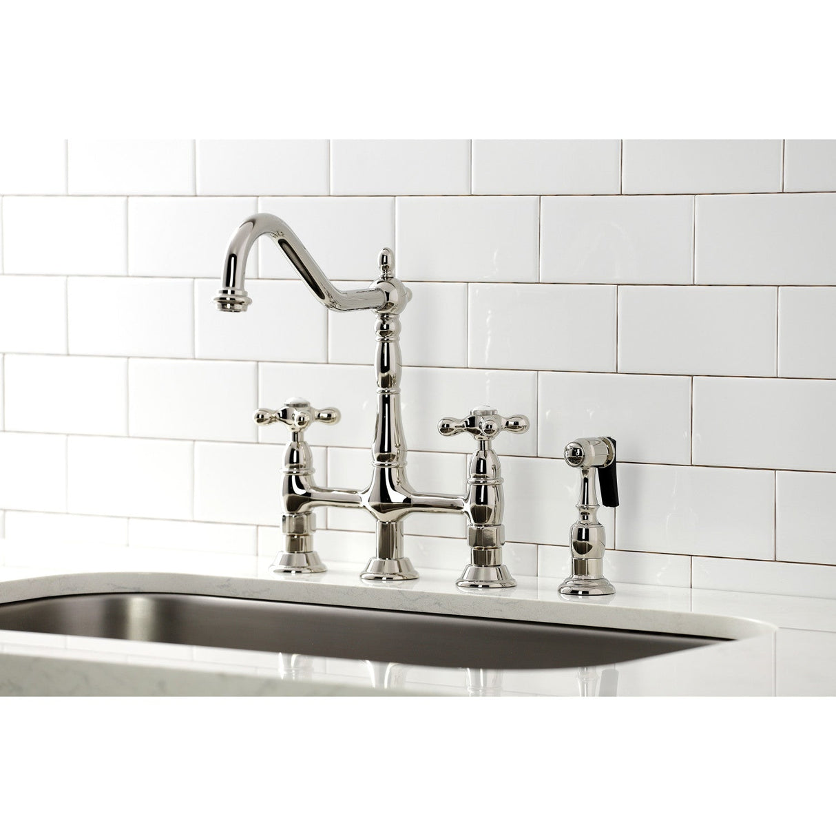 Heritage KS1276AXBS Two-Handle 4-Hole Deck Mount Bridge Kitchen Faucet with Brass Sprayer, Polished Nickel