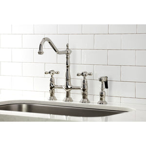 Heritage KS1276AXBS Two-Handle 4-Hole Deck Mount Bridge Kitchen Faucet with Brass Sprayer, Polished Nickel