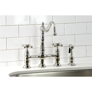 Heritage KS1276AXBS Two-Handle 4-Hole Deck Mount Bridge Kitchen Faucet with Brass Sprayer, Polished Nickel