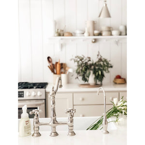 Heritage KS1276AXBS Two-Handle 4-Hole Deck Mount Bridge Kitchen Faucet with Brass Sprayer, Polished Nickel