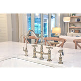 Heritage KS1276AXBS Two-Handle 4-Hole Deck Mount Bridge Kitchen Faucet with Brass Sprayer, Polished Nickel