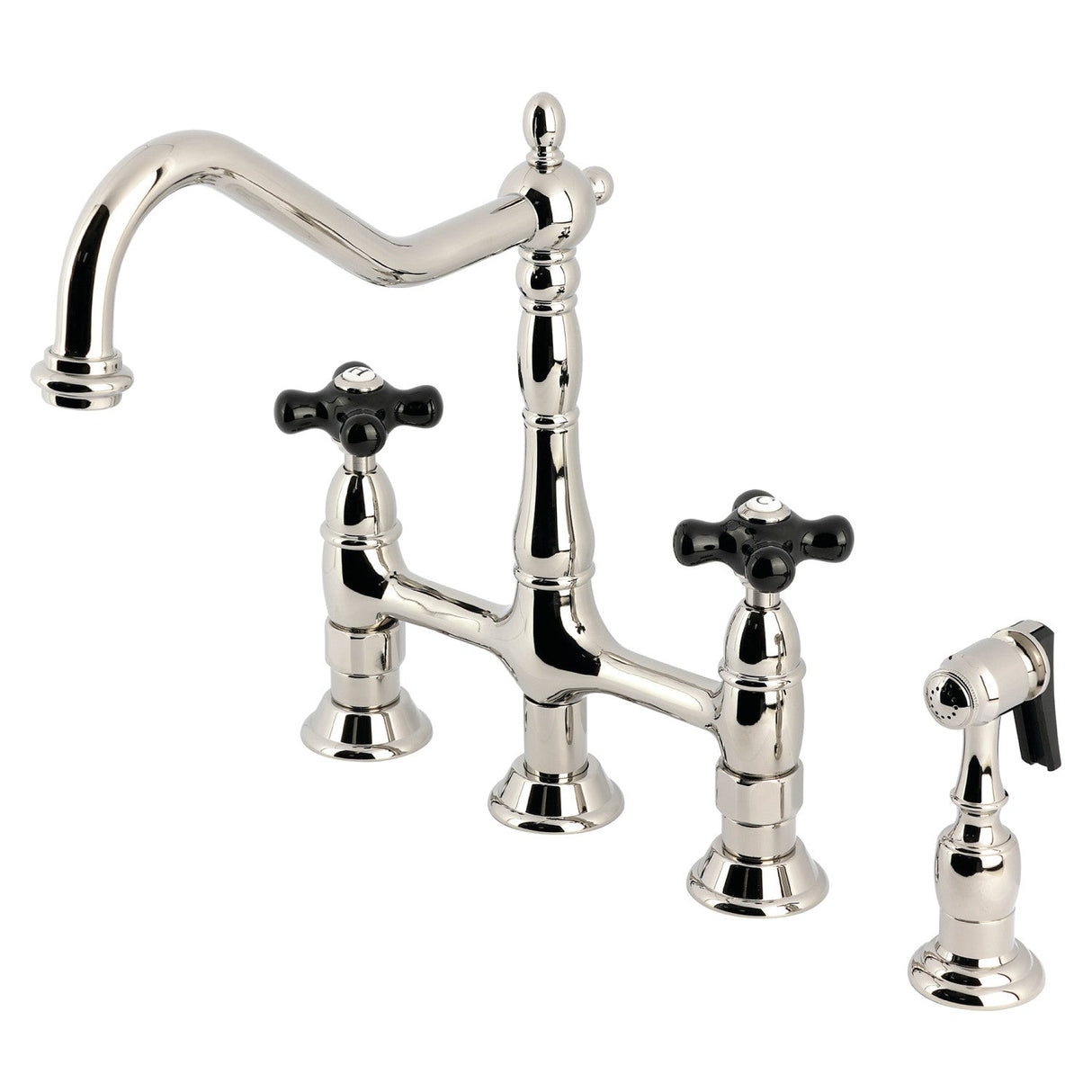 Duchess KS1276PKXBS Two-Handle 4-Hole Deck Mount Bridge Kitchen Faucet with Brass Sprayer, Polished Nickel