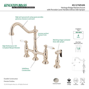 Heritage KS1276PLBS Two-Handle 4-Hole Deck Mount Bridge Kitchen Faucet with Brass Sprayer, Polished Nickel