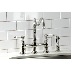 Heritage KS1276PLBS Two-Handle 4-Hole Deck Mount Bridge Kitchen Faucet with Brass Sprayer, Polished Nickel