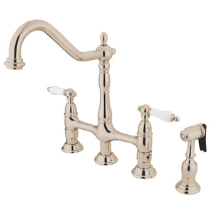 Heritage KS1276PLBS Two-Handle 4-Hole Deck Mount Bridge Kitchen Faucet with Brass Sprayer, Polished Nickel