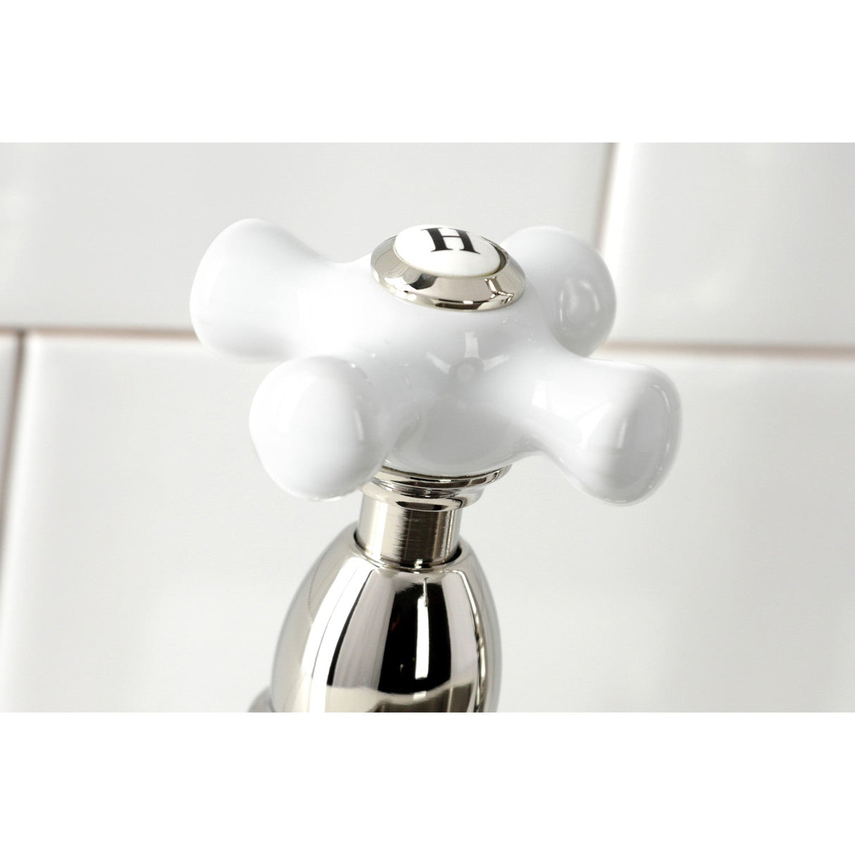 Heritage KS1276PXBS Two-Handle 4-Hole Deck Mount Bridge Kitchen Faucet with Brass Sprayer, Polished Nickel