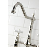 Heritage KS1276PXBS Two-Handle 4-Hole Deck Mount Bridge Kitchen Faucet with Brass Sprayer, Polished Nickel