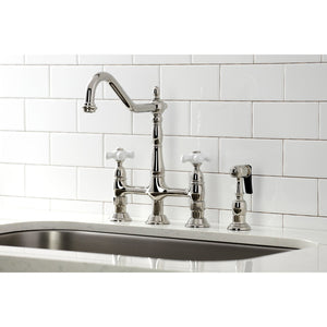 Heritage KS1276PXBS Two-Handle 4-Hole Deck Mount Bridge Kitchen Faucet with Brass Sprayer, Polished Nickel