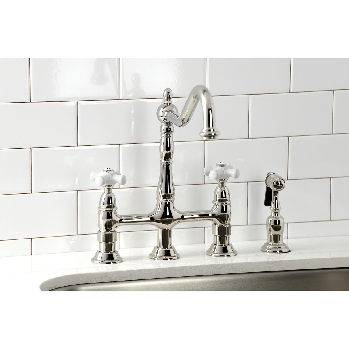 Heritage KS1276PXBS Two-Handle 4-Hole Deck Mount Bridge Kitchen Faucet with Brass Sprayer, Polished Nickel