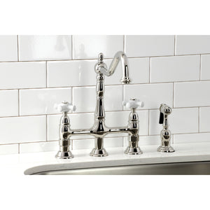 Heritage KS1276PXBS Two-Handle 4-Hole Deck Mount Bridge Kitchen Faucet with Brass Sprayer, Polished Nickel