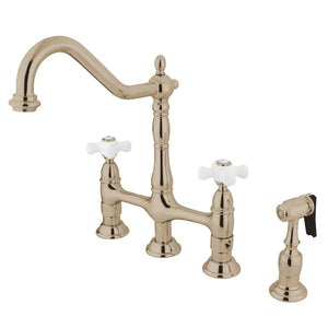 Heritage KS1276PXBS Two-Handle 4-Hole Deck Mount Bridge Kitchen Faucet with Brass Sprayer, Polished Nickel