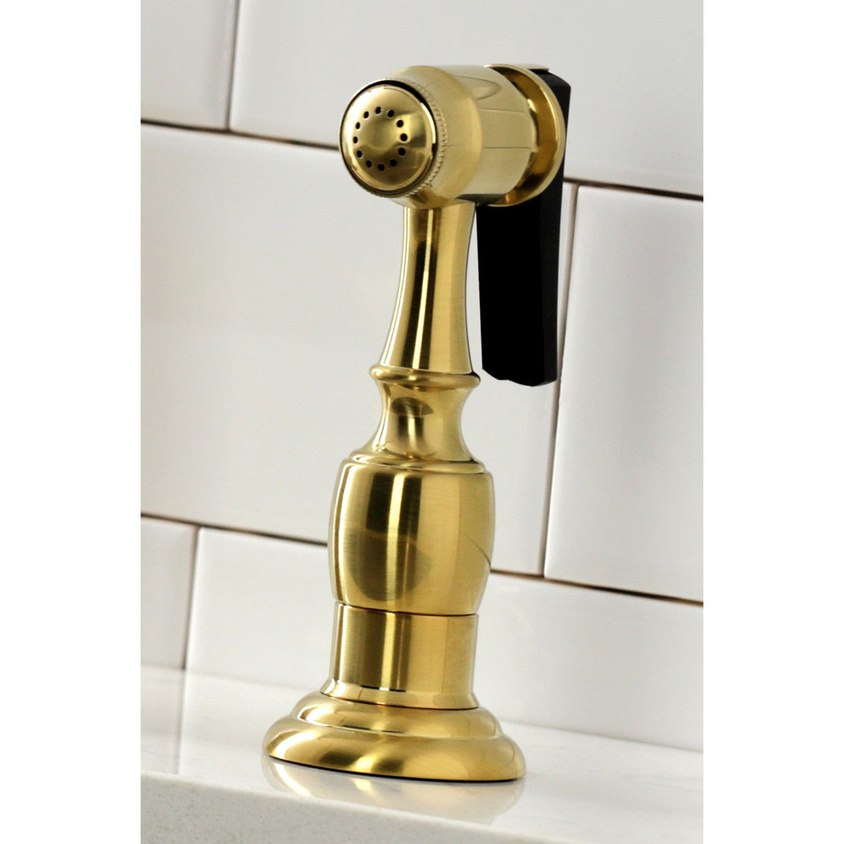 Heritage KS1277ALBS Two-Handle 4-Hole Deck Mount Bridge Kitchen Faucet with Brass Sprayer, Brushed Brass