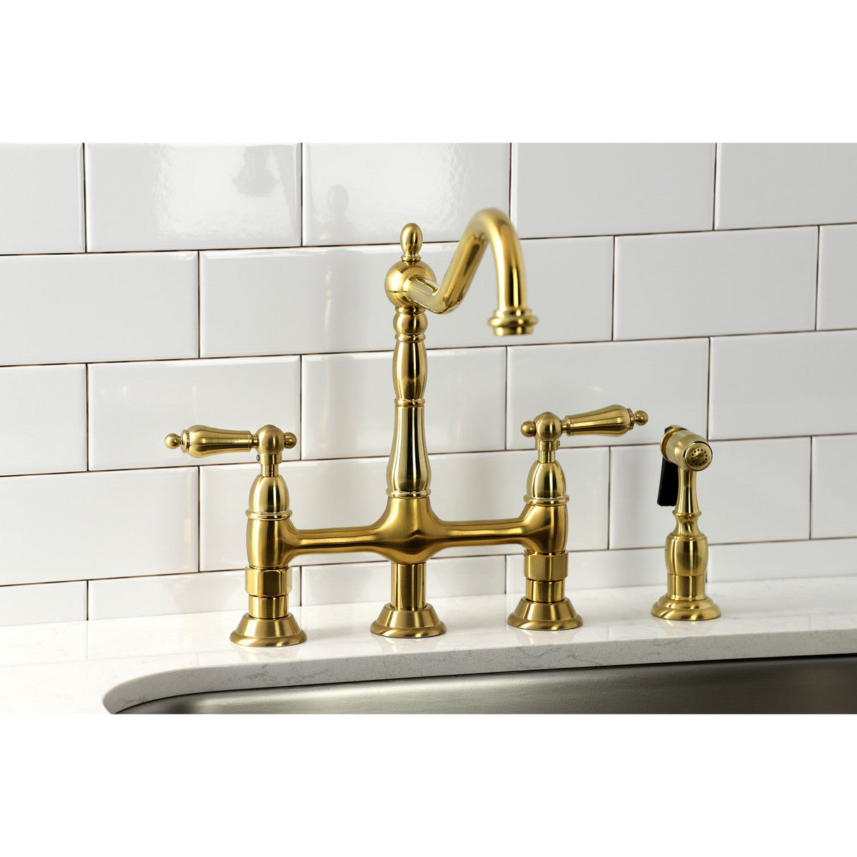 Heritage KS1277ALBS Two-Handle 4-Hole Deck Mount Bridge Kitchen Faucet with Brass Sprayer, Brushed Brass