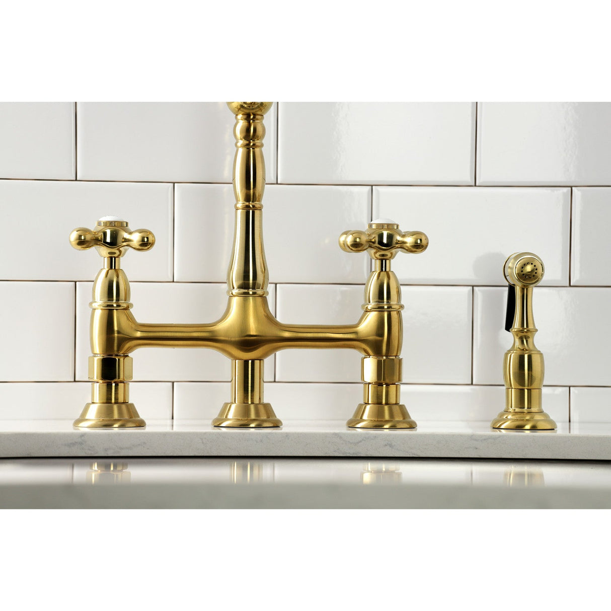 Heritage KS1277AXBS Two-Handle 4-Hole Deck Mount Bridge Kitchen Faucet with Brass Sprayer, Brushed Brass