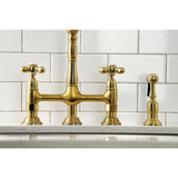 Heritage KS1277AXBS Two-Handle 4-Hole Deck Mount Bridge Kitchen Faucet with Brass Sprayer, Brushed Brass