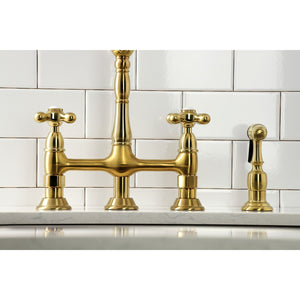 Heritage KS1277AXBS Two-Handle 4-Hole Deck Mount Bridge Kitchen Faucet with Brass Sprayer, Brushed Brass