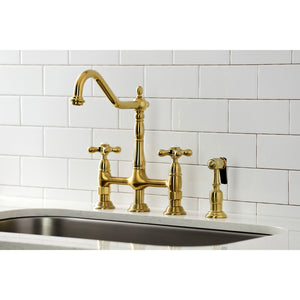 Heritage KS1277AXBS Two-Handle 4-Hole Deck Mount Bridge Kitchen Faucet with Brass Sprayer, Brushed Brass