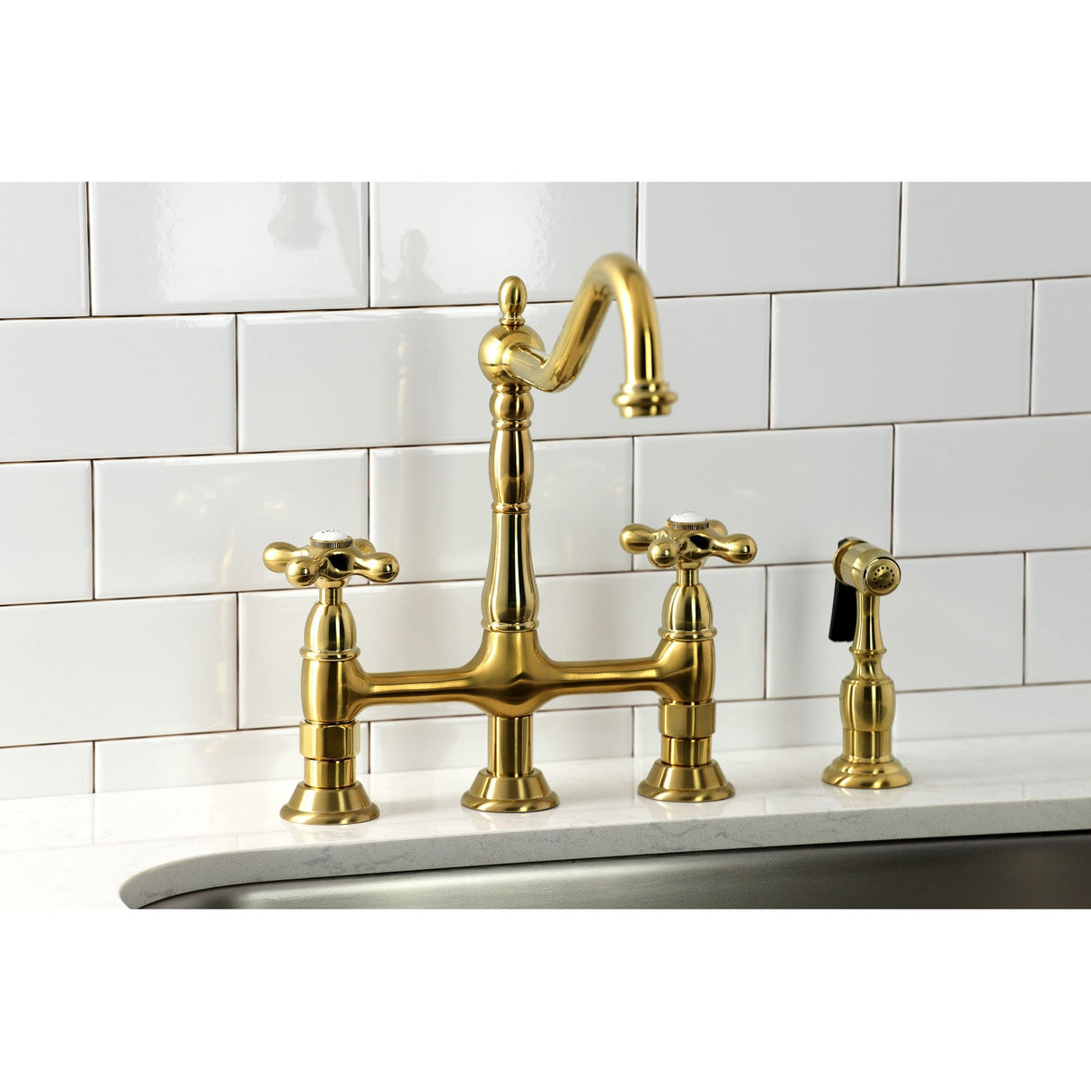 Heritage KS1277AXBS Two-Handle 4-Hole Deck Mount Bridge Kitchen Faucet with Brass Sprayer, Brushed Brass