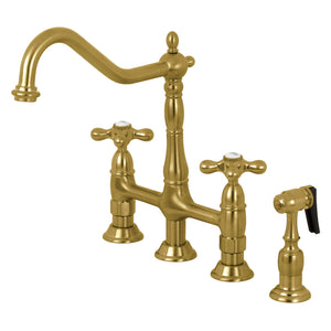 Heritage KS1277AXBS Two-Handle 4-Hole Deck Mount Bridge Kitchen Faucet with Brass Sprayer, Brushed Brass