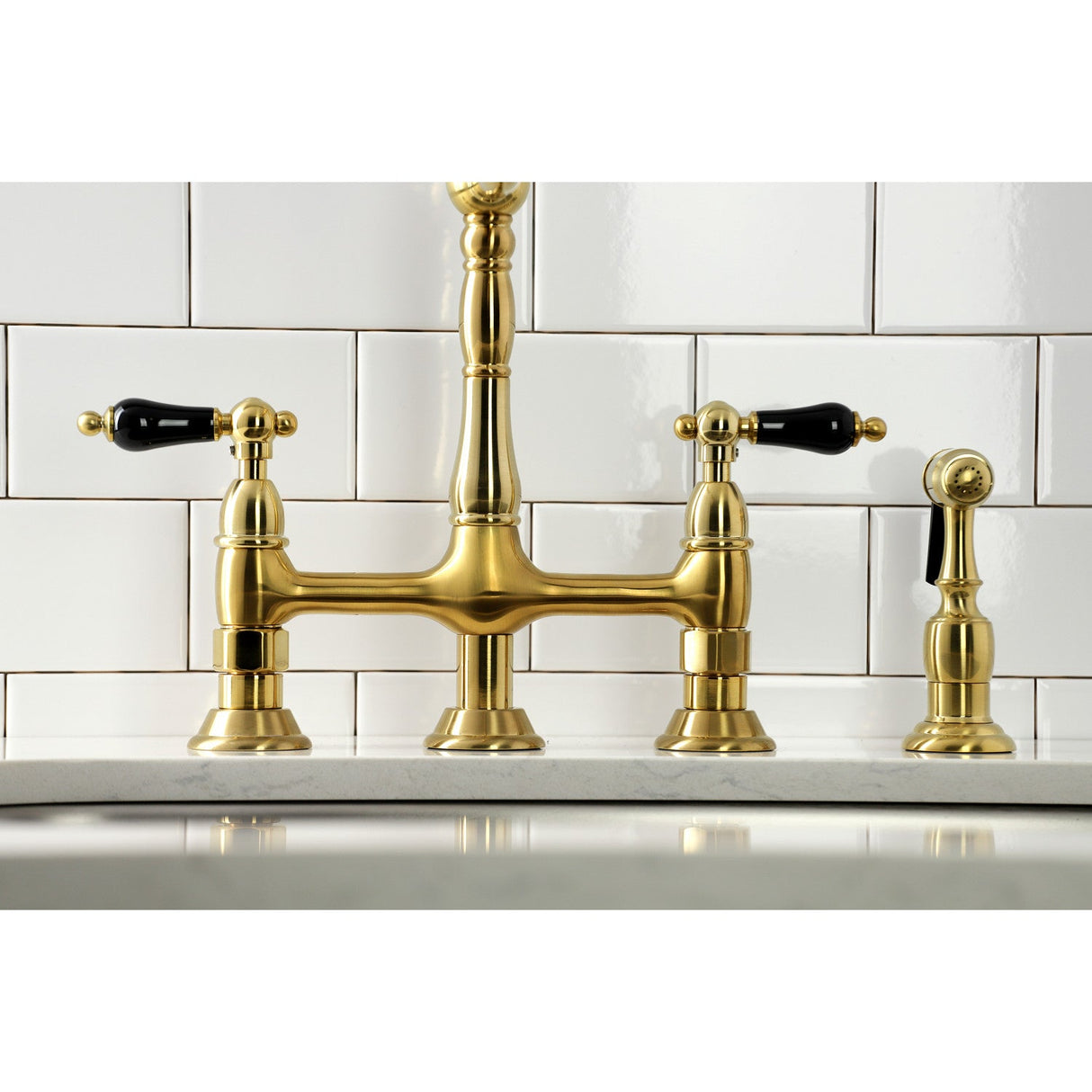 Duchess KS1277PKLBS Two-Handle 4-Hole Deck Mount Bridge Kitchen Faucet with Brass Sprayer, Brushed Brass