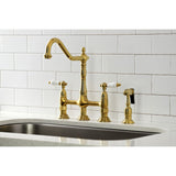 Heritage KS1277PLBS Two-Handle 4-Hole Deck Mount Bridge Kitchen Faucet with Brass Sprayer, Brushed Brass