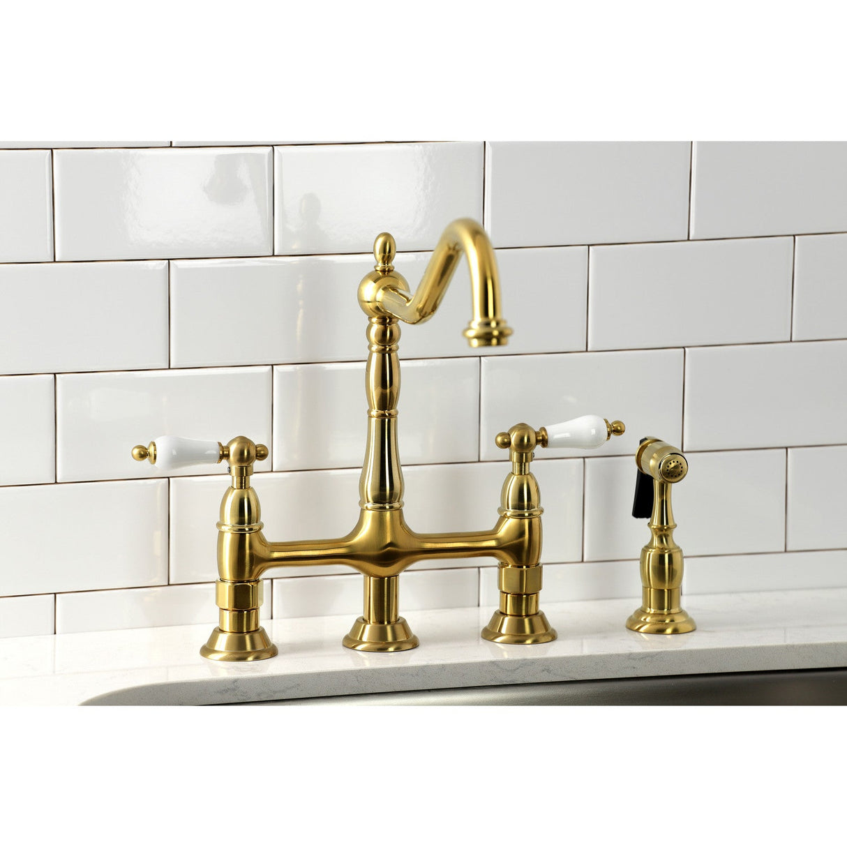 Heritage KS1277PLBS Two-Handle 4-Hole Deck Mount Bridge Kitchen Faucet with Brass Sprayer, Brushed Brass