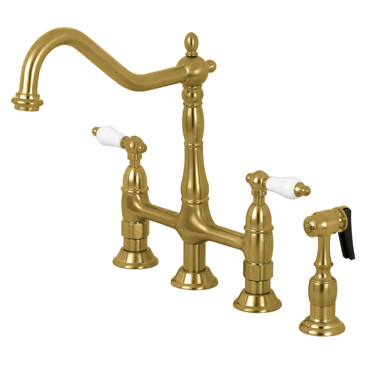 Heritage KS1277PLBS Two-Handle 4-Hole Deck Mount Bridge Kitchen Faucet with Brass Sprayer, Brushed Brass