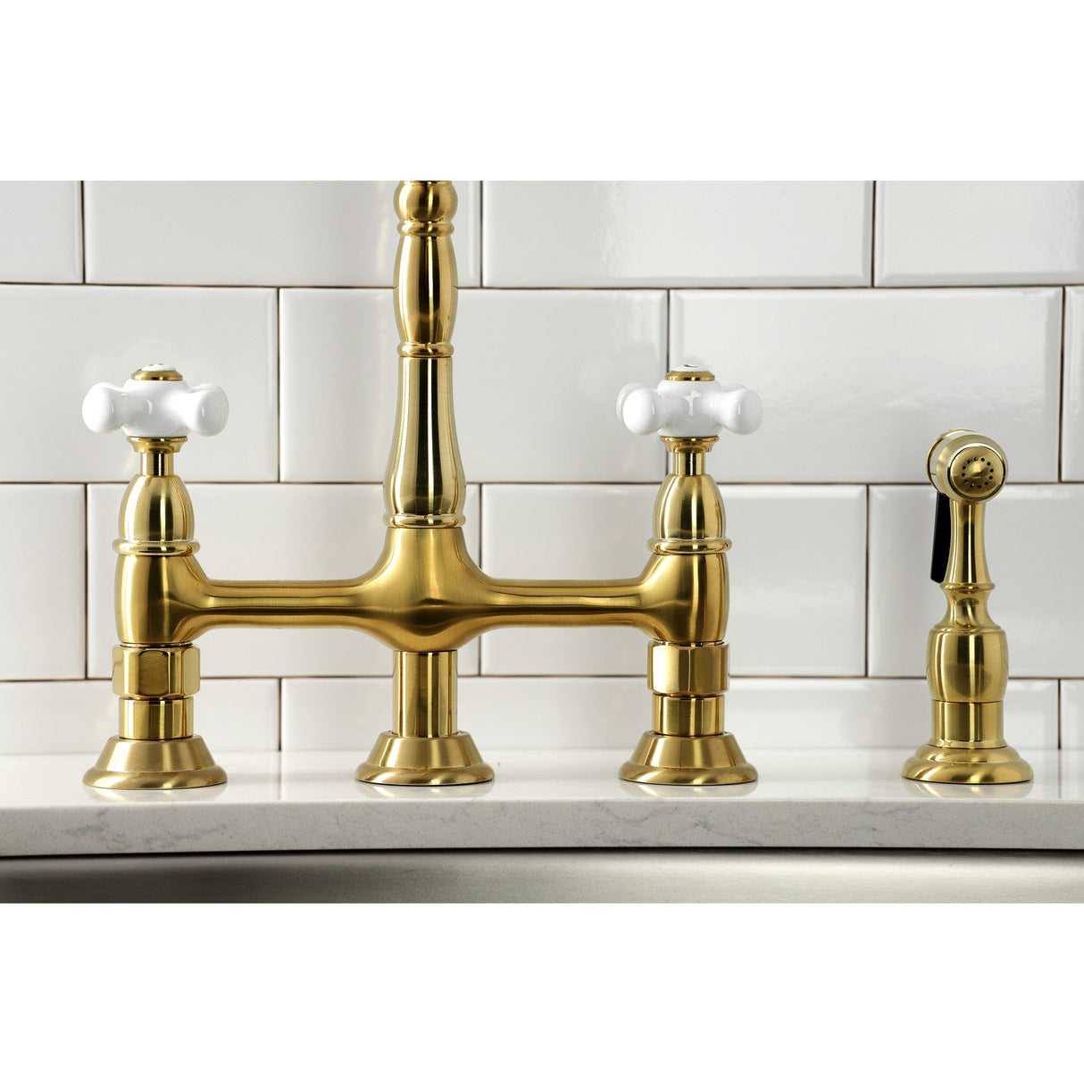 Heritage KS1277PXBS Two-Handle 4-Hole Deck Mount Bridge Kitchen Faucet with Brass Sprayer, Brushed Brass