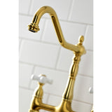 Heritage KS1277PXBS Two-Handle 4-Hole Deck Mount Bridge Kitchen Faucet with Brass Sprayer, Brushed Brass