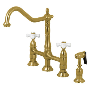 Heritage KS1277PXBS Two-Handle 4-Hole Deck Mount Bridge Kitchen Faucet with Brass Sprayer, Brushed Brass