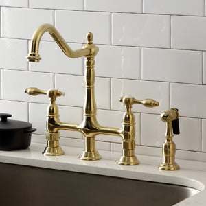 Tudor KS1277TALBS Two-Handle 4-Hole Deck Mount Bridge Kitchen Faucet with Brass Sprayer, Brushed Brass