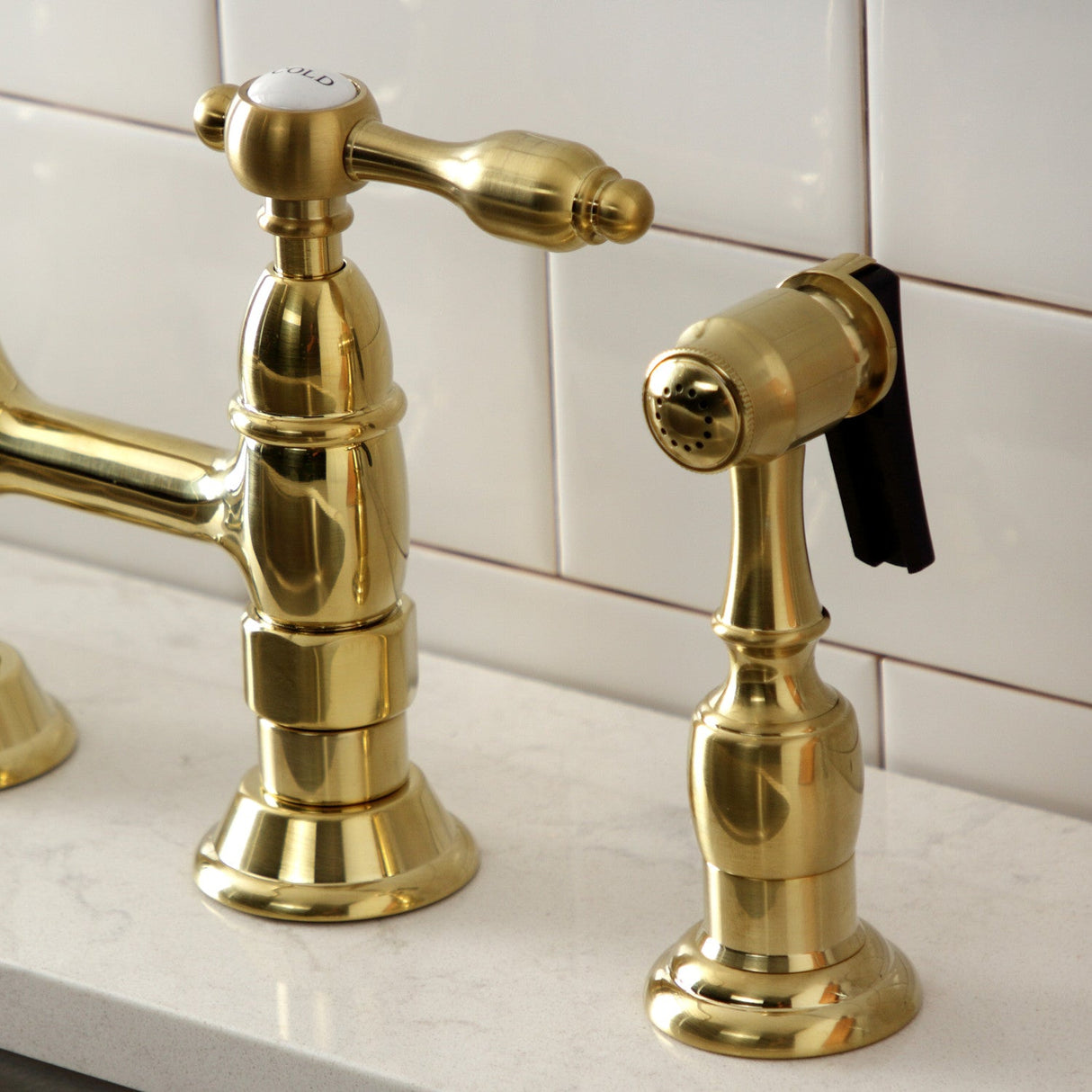 Tudor KS1277TALBS Two-Handle 4-Hole Deck Mount Bridge Kitchen Faucet with Brass Sprayer, Brushed Brass