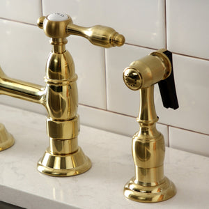 Tudor KS1277TALBS Two-Handle 4-Hole Deck Mount Bridge Kitchen Faucet with Brass Sprayer, Brushed Brass